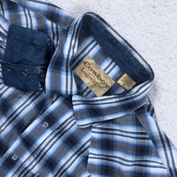 Cowboy Legend Western Shirt Mens  M / L Blue Plaid Pearl Snap Flip‎ Cuff Rodeo - Picture 5 of 13